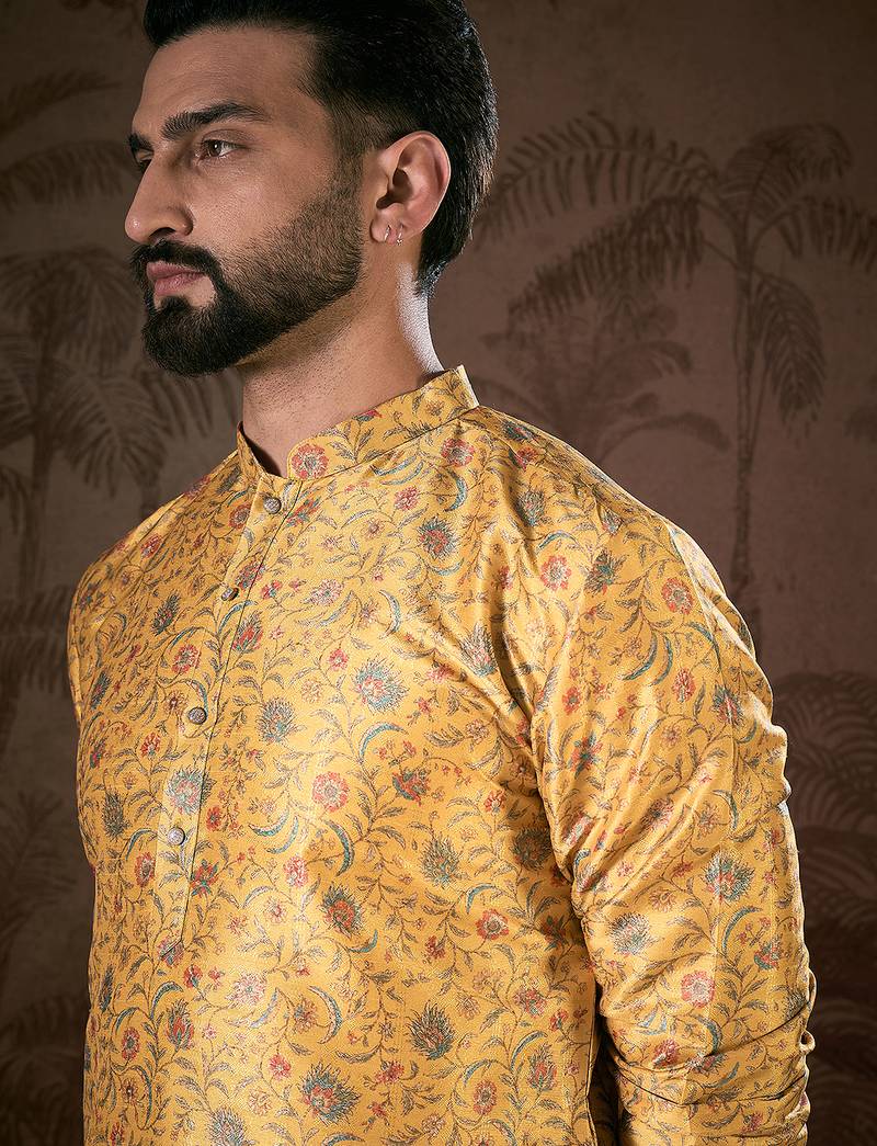 Men yellow silk blend floral printed straight kurta with trouser