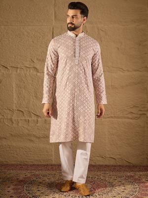 Men pink viscose rayon solid embroidered straight kurta 2