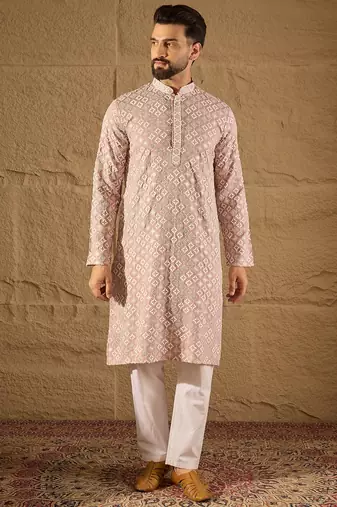 Men pink viscose rayon solid embroidered straight kurta