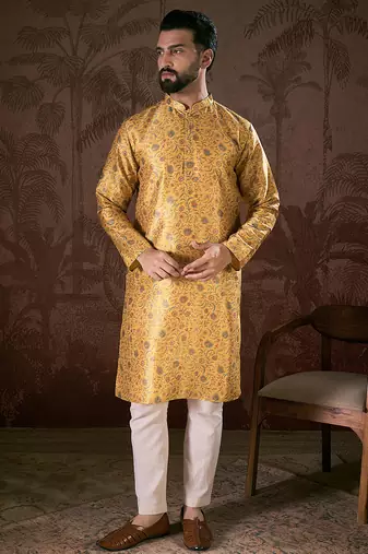 Men yellow silk blend floral printed straight kurta with trouser