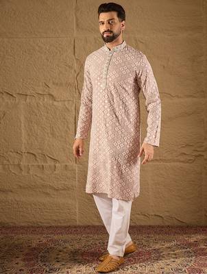 Men pink viscose rayon solid embroidered straight kurta 3