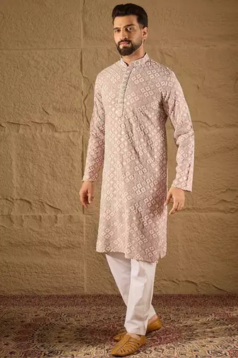Men pink viscose rayon solid embroidered straight kurta