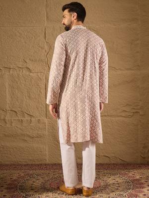 Men pink viscose rayon solid embroidered straight kurta 4