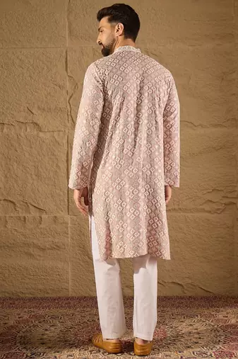 Men pink viscose rayon solid embroidered straight kurta