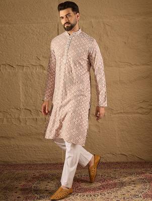 Men pink viscose rayon solid embroidered straight kurta 5
