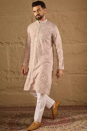 Men pink viscose rayon solid embroidered straight kurta