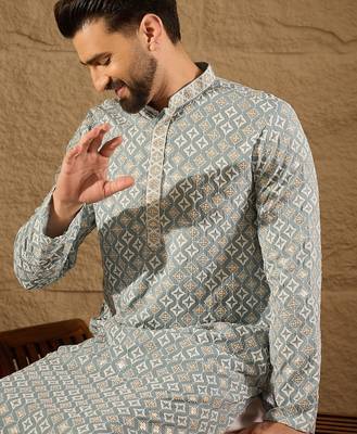 Men blue viscose rayon solid embroidered straight kurta 1