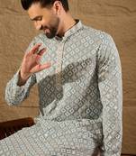 Men blue viscose rayon solid embroidered straight kurta