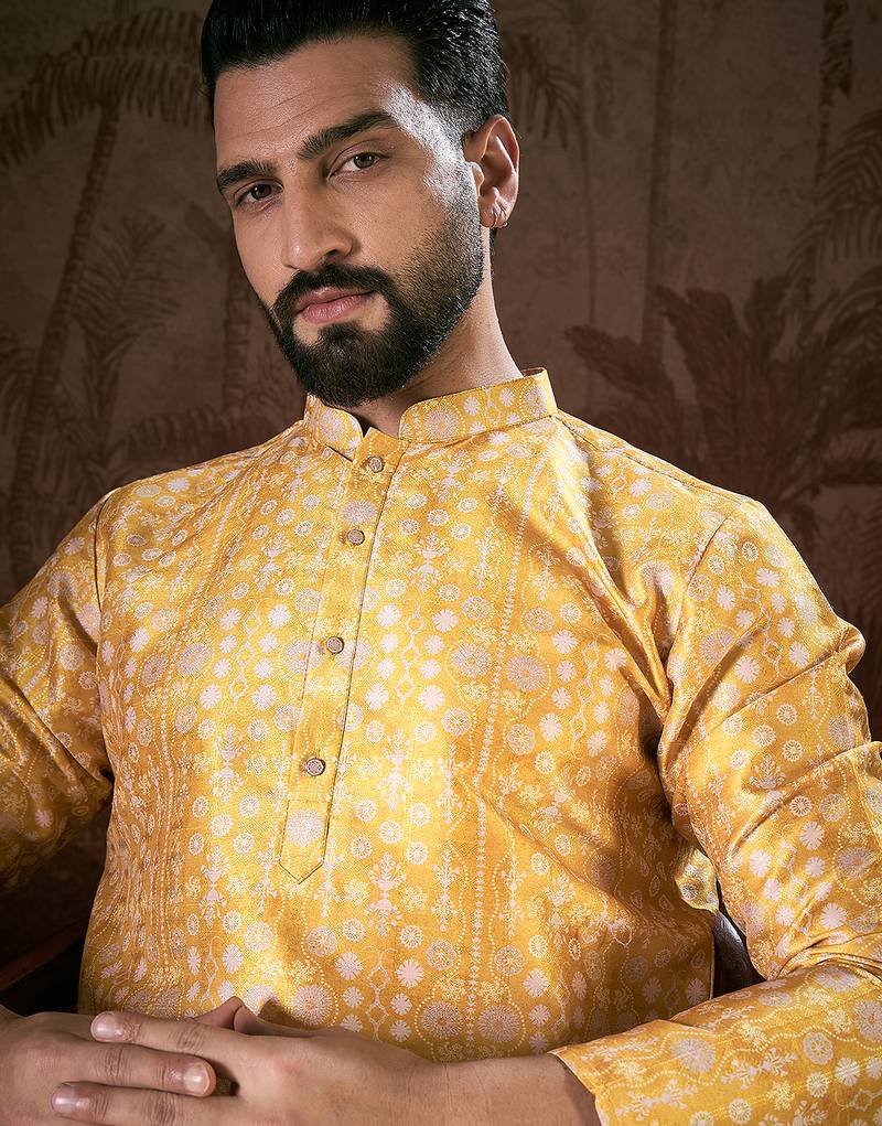 Men yellow silk blend floral printed straight kurta with trouser