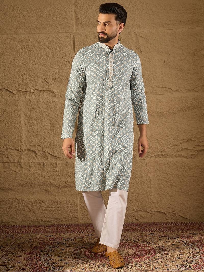 Men blue viscose rayon solid embroidered straight kurta