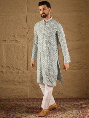 Men blue viscose rayon solid embroidered straight kurta 3