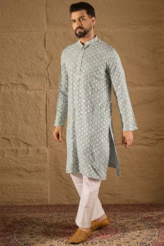 Men blue viscose rayon solid embroidered straight kurta