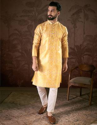 Men yellow silk blend floral printed straight kurta with trouser 2