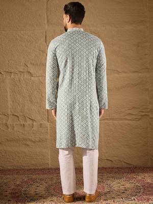 Men blue viscose rayon solid embroidered straight kurta 4