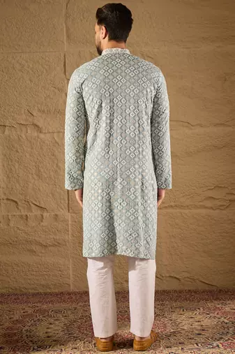 Men blue viscose rayon solid embroidered straight kurta