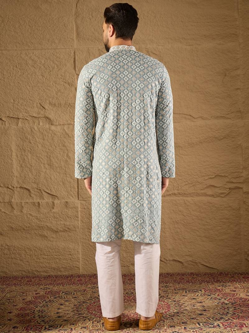 Men blue viscose rayon solid embroidered straight kurta