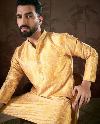Men yellow silk blend floral printed straight kurta with trouser 3