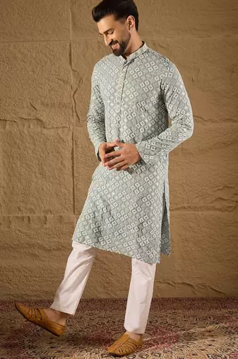 Men blue viscose rayon solid embroidered straight kurta