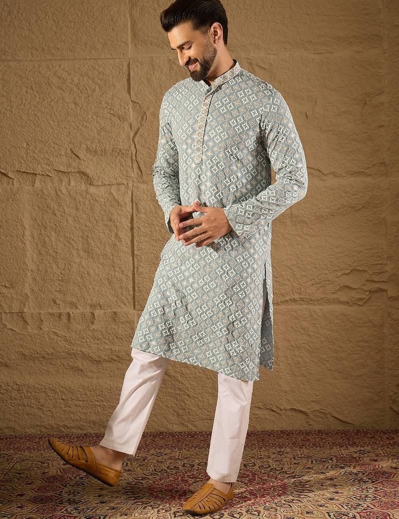 Men blue viscose rayon solid embroidered straight kurta