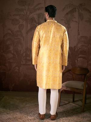 Men yellow silk blend floral printed straight kurta with trouser 4