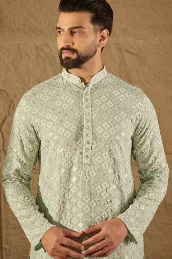Men green viscose rayon solid embroidered straight kurta