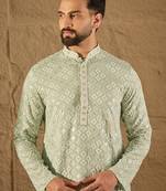 Men green viscose rayon solid embroidered straight kurta