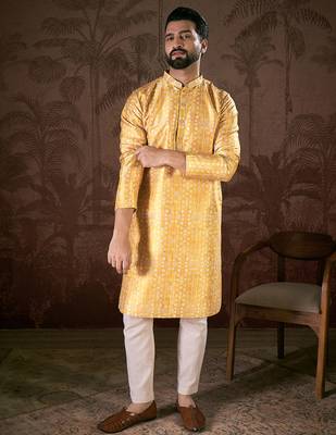 Men yellow silk blend floral printed straight kurta with trouser 5