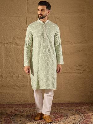Men green viscose rayon solid embroidered straight kurta 2