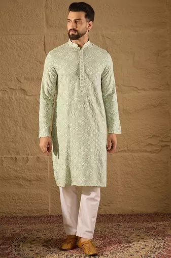 Men green viscose rayon solid embroidered straight kurta