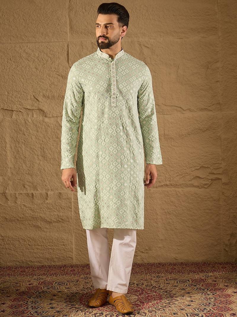 Men green viscose rayon solid embroidered straight kurta