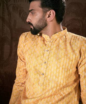 Men yellow silk blend ethnic motifs printed straight kurta with trouser 1
