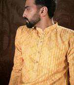 Men yellow silk blend ethnic motifs printed straight kurta with trouser