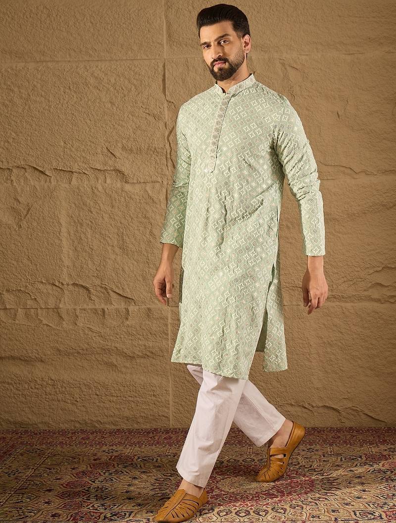 Men green viscose rayon solid embroidered straight kurta
