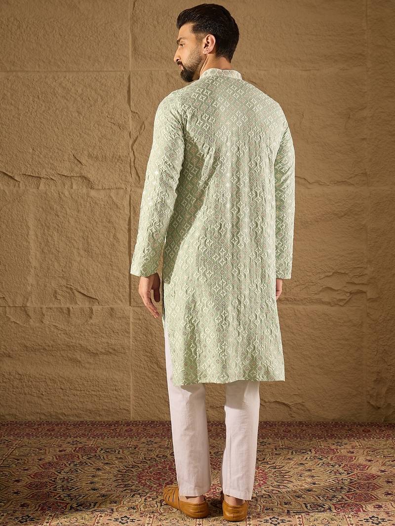 Men green viscose rayon solid embroidered straight kurta