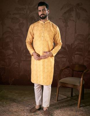 Men yellow silk blend ethnic motifs printed straight kurta with trouser 2
