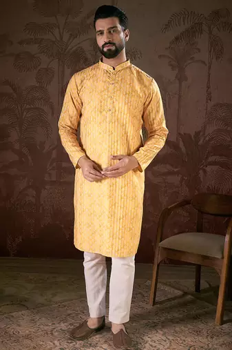 Men yellow silk blend ethnic motifs printed straight kurta with trouser