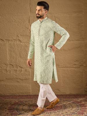 Men green viscose rayon solid embroidered straight kurta 5