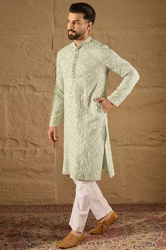 Men green viscose rayon solid embroidered straight kurta