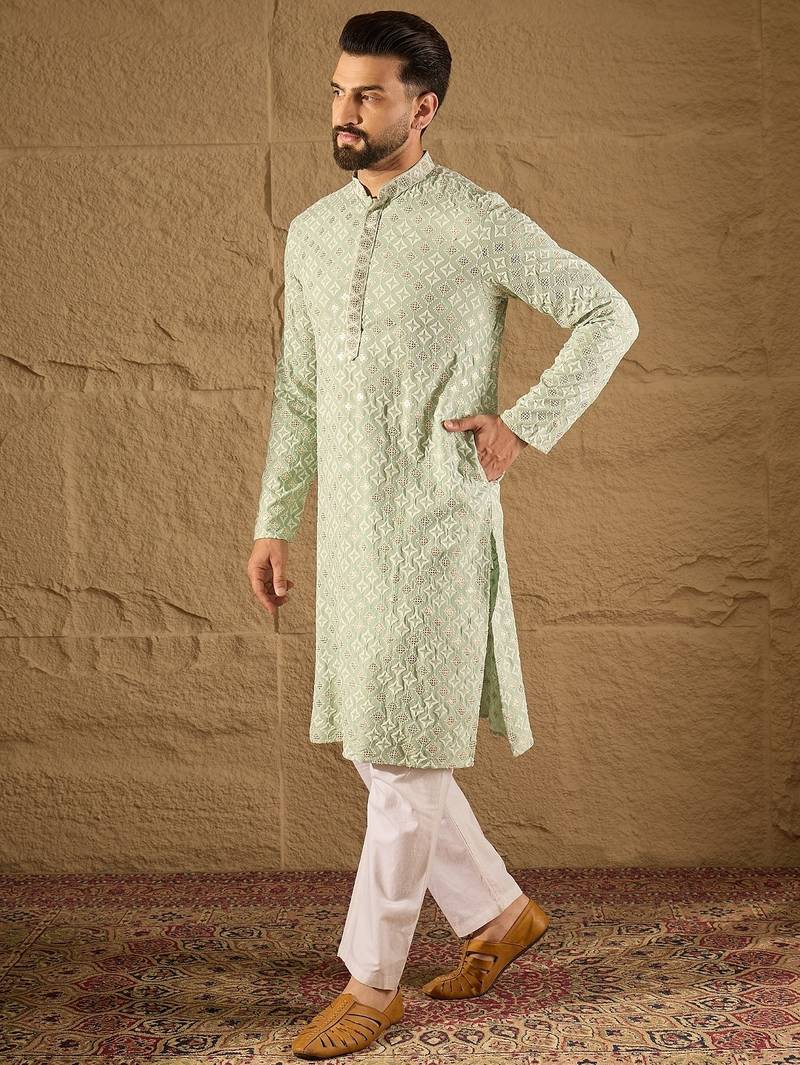 Men green viscose rayon solid embroidered straight kurta