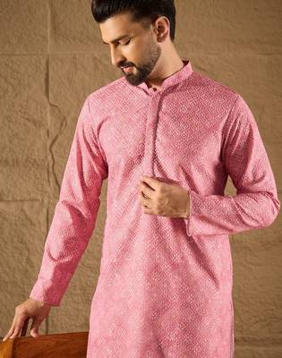 Men pink viscose rayon bandhani embroidered straight kurta 1