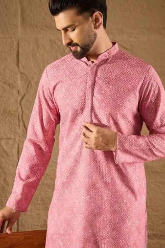 Men pink viscose rayon bandhani embroidered straight kurta