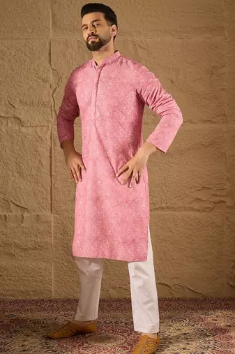 Men pink viscose rayon bandhani embroidered straight kurta