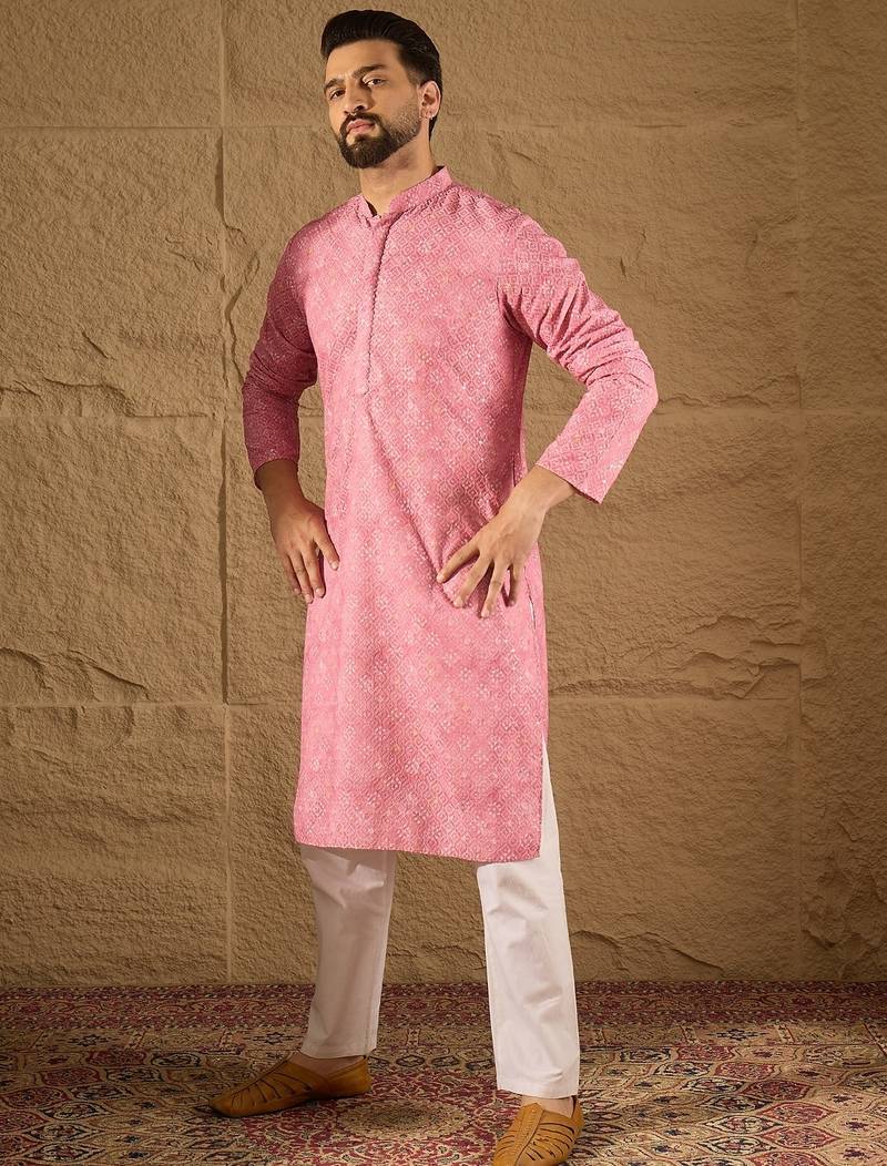 Men pink viscose rayon bandhani embroidered straight kurta
