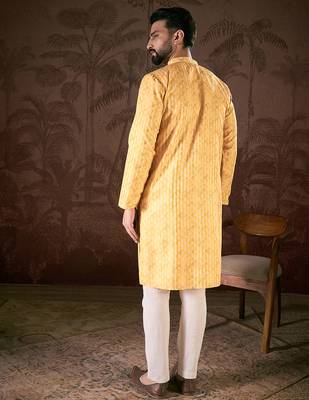 Men yellow silk blend ethnic motifs printed straight kurta with trouser 4