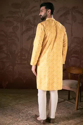 Men yellow silk blend ethnic motifs printed straight kurta with trouser
