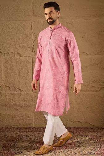 Men pink viscose rayon bandhani embroidered straight kurta
