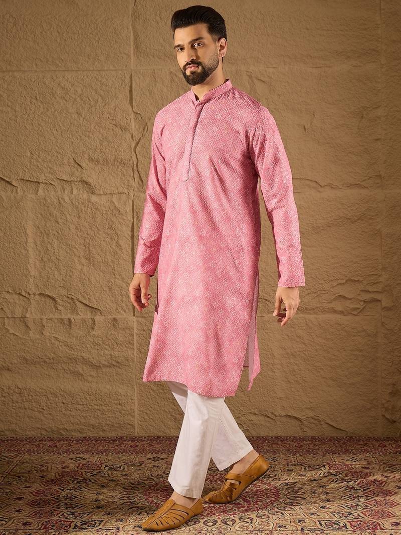 Men pink viscose rayon bandhani embroidered straight kurta