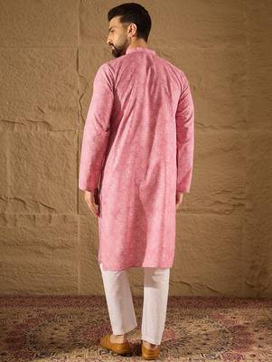 Men pink viscose rayon bandhani embroidered straight kurta 4