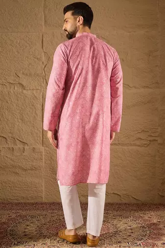 Men pink viscose rayon bandhani embroidered straight kurta