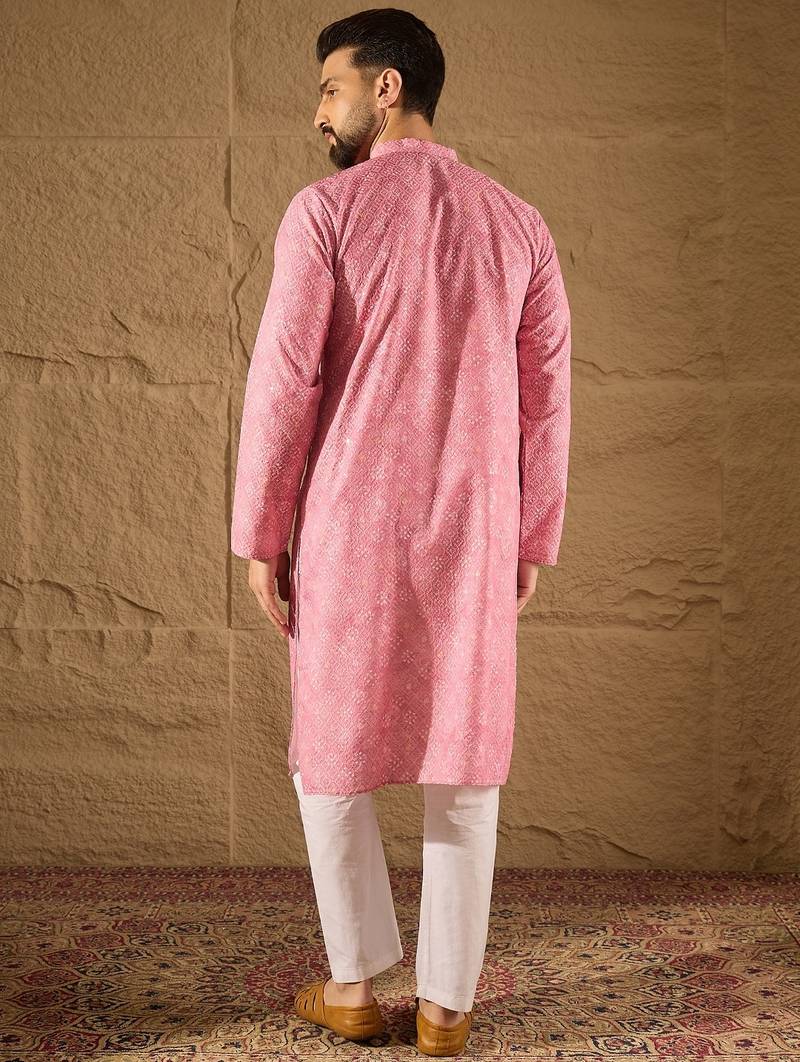 Men pink viscose rayon bandhani embroidered straight kurta